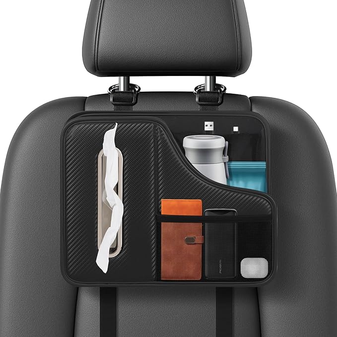 Car Tissue Holder,Back Seat Organizer with Cup Holder,Multifunctional Car Headrest Seat Back Storage,Snack Organizers for Kids,Large Tissue Box Cover Fit for 100-130 Regular Size Tissues