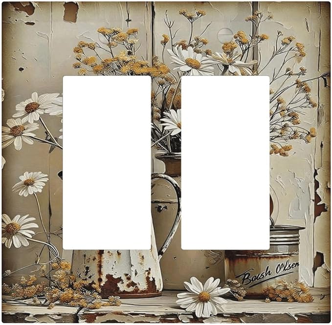 Rustic Flowers Daisy Floral White Wooden Planks Decorative Outlet Covers 2 Gang Double GFCI Rocker Electrical Wall Panels Light Switch Cover Plate for Farmhouse Home Decor