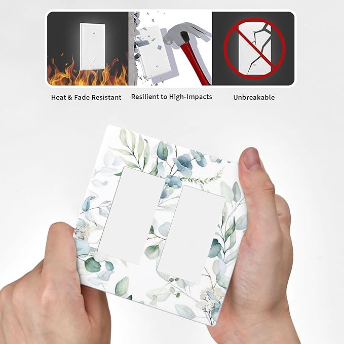 Green Eucalyptus Leaf Decorative 2 Gang Screwless Gfci/Rocker Light Switch Cover Decorative Spring Olive Boho Floral Leaves Dual Device Double Decorator Receptacle Outlet Wall Plate Cover for Dimmer