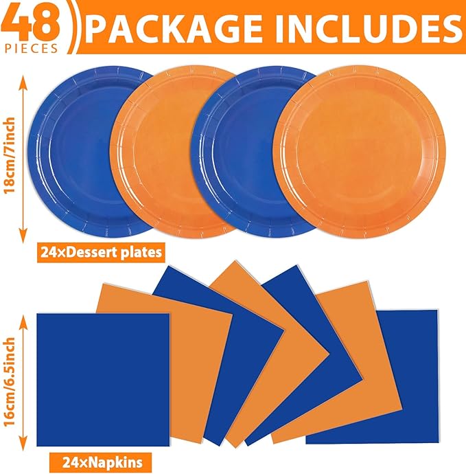 48Pcs Orange and Blue Paper Plates and Napkins Blue and Orange Party Decorations Dart War Birthday Party Supplies Colorful Disposable Tableware for Baby Shower Birthday Boys Girls Graduation Serves 24