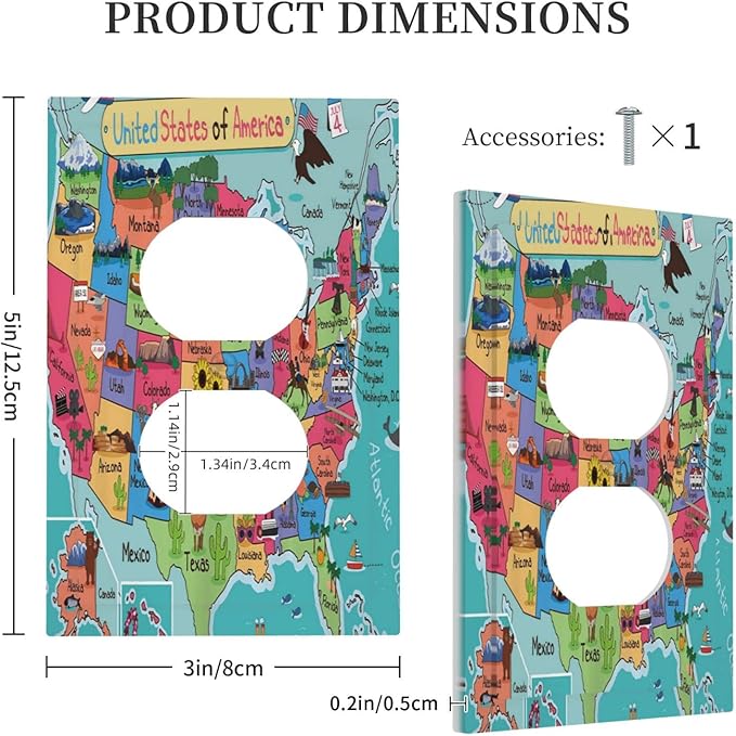1 Gang Outlet Light Switch Covers Duplex Receptacle Device Plug Socket Wall Plate Turquoise USA Map Art Atlas Electrical Faceplate Switchplates Cartoon Fun Facts Geography American Map Room Decor