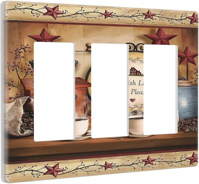 Barn Kitchen Cafe Coffee Texas Star Triple Decorator Light Switch Cover 3 Gang GFCI/Rocker Wallplate Decorative Electrical Faceplate Switchplate Dimmer Screwless