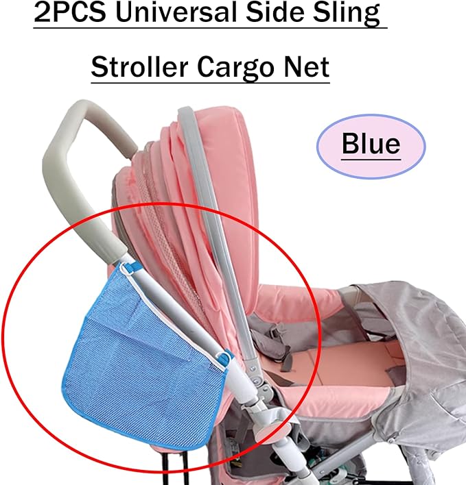 2PCS Universal Side Sling Stroller Cargo Net,Portable Storage Mesh Bag,Stroller Storage Organizer Bag,Non-Slip and Adjustable Straps Side Sling Mesh Organizer(Blue)