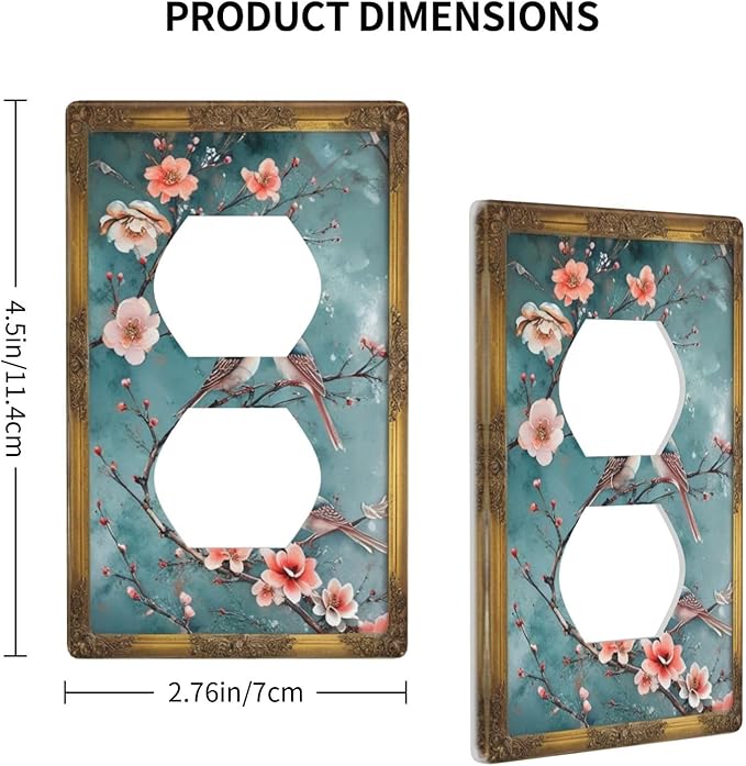Decorative Art Light Switch Covers Vintage Chinoiserie Oriental - Teal Birds and Floral Branch 1 Gang Single Duplex Outlet Wall Plate Switchplate Electrical Faceplate for Home Decor