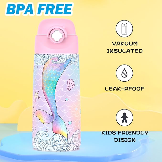 Girls Insulated Water Bottle with Covered Pop-Up Straw,16 oz Kids Cups with Stainless Steel Leak Proof for School Pink（Mermaid）