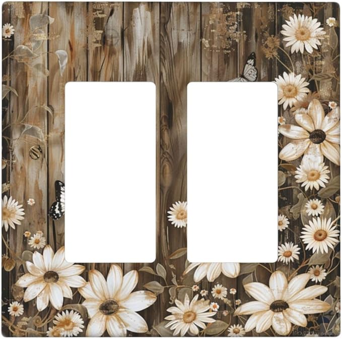 Light Switch Cover Plate Rustic Wood Butterflies Flowers Botanical 2 Gang Double Rocker Outlet Covers Decorative Switch plates Electrical Wall Plates GFCI Receptacle for Farmhouse Cabin Decor