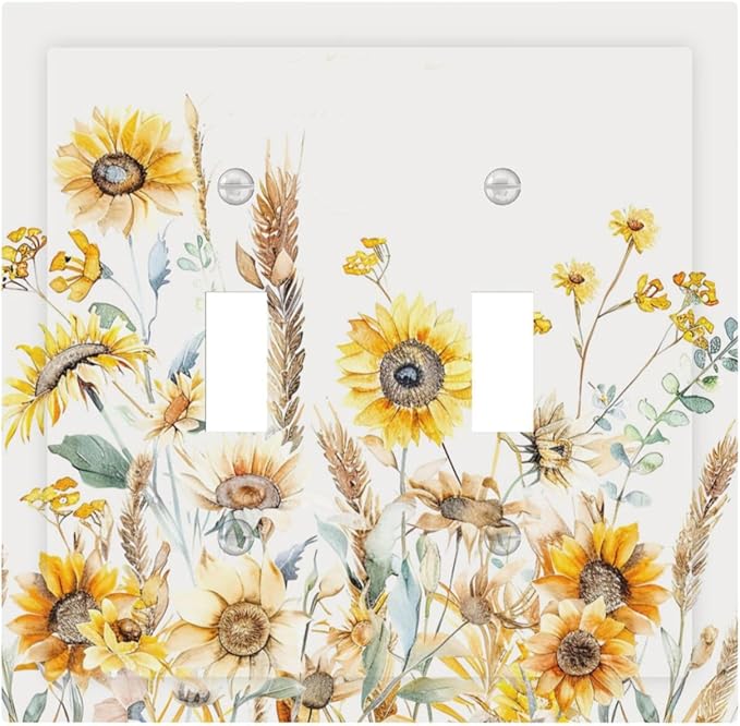 Yellow Floral Sunflowers Wheat Ears Watercolor Wild Flowers Decorative Switch Plates 2 Gang Double Toggle Outlet Light Switch Cover Wall Plate Electrical Faceplate for Bedroom Living Room Decor