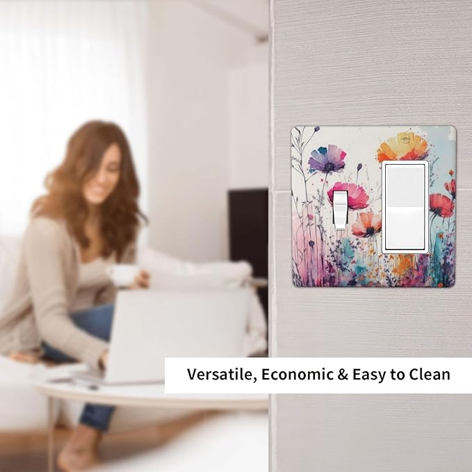 Decorative Outlet Cover Colorful Watercolor Wildflowers Elegant Painting Floral 2 Gang Wall Plate Single Toggle 1 Rocker Light Switch Cover Switch Plate Covers Faceplate for Bedroom Decor