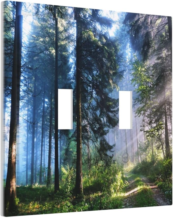 Green Landscape Forest Tree 2 Gang Double Toggle Light Switch Cover Electric Wall Plate Electrical Faceplate for Bathroom Home Living Room Jumbo Size Decor