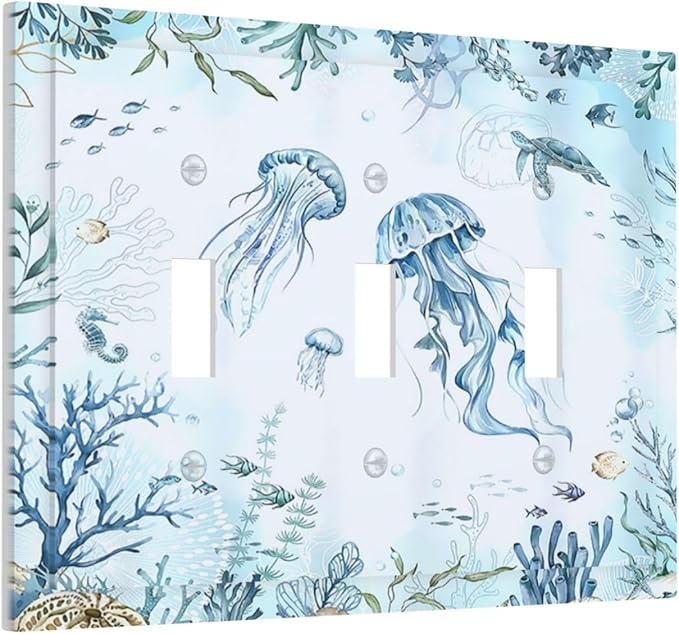 Decorative Switch Plates Jellyfish Teal Blue Ocean Turtle Coastal Beach 3 Gang Wall Plate Faceplate Triple Toggle Light Switch Cover Electrical Wall Panels for Bedroom Bathroom Decor