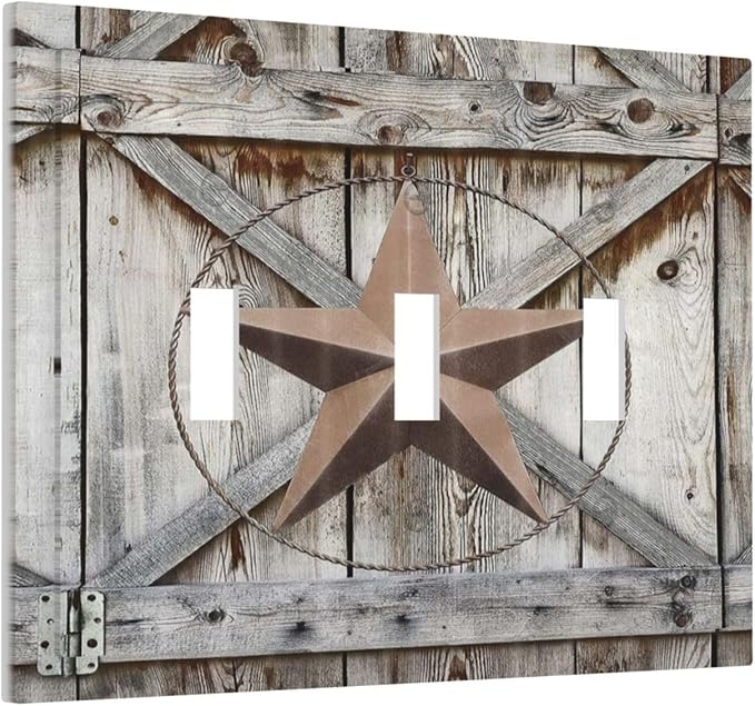 Rustic Western Texas Star Barn Door 3 Gang Light Switch Plate Decorative Wood Triple Toggle Wall Plate Cover Electrical Faceplate Switchcover for Farmhouse Bathroom Home Bedroom Art Panel Decor