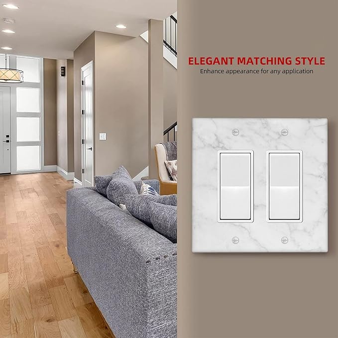 Faux White Marble Printed Double Gang Rocker Decorative Light Switch Cover, 2-Gang Wall Plate Outlet Cover