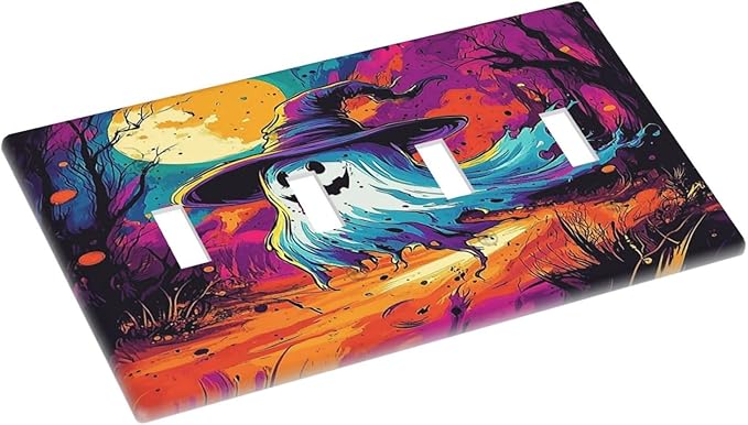 Light Switch Covers Ghost Colorful Forest Moon Dead Tree Quad Toggle Electrical Faceplate 4 Gang Wall Plate Decorative Switch Plates For Nursery Kids Room Decor