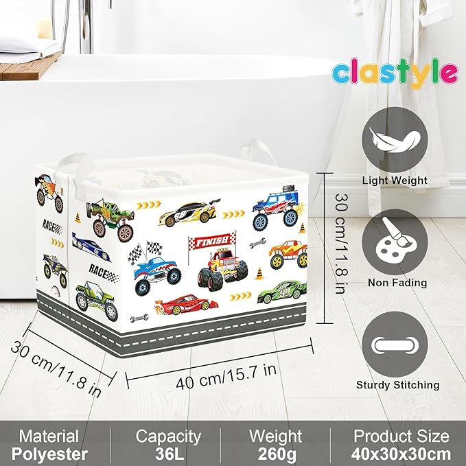 Clastyle City Car Baby Laundry Hamper Kid Storage Basket Boy Gift Toy Box Collapsible Clothes Organizer Nursery Bin for Bedroom,Monster Truck,40 * 30 * 30 cm