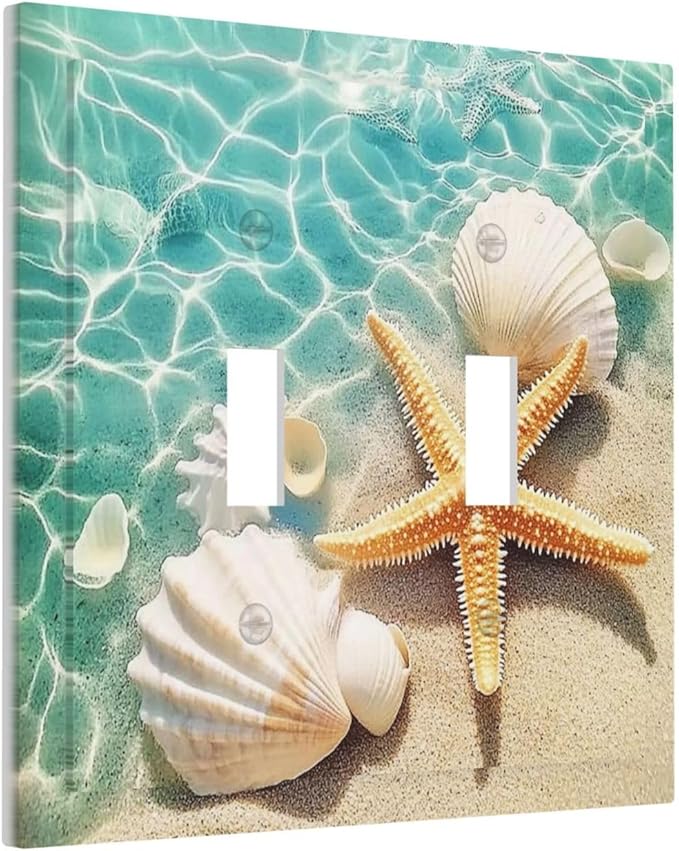 Decorative Switch Plates Sea Shells And Star Fish In Ocean Beach 2 Gang Double Toggle Outlet Light Switch Cover Wall Plate Electrical Faceplate For Bathroom Home Decor