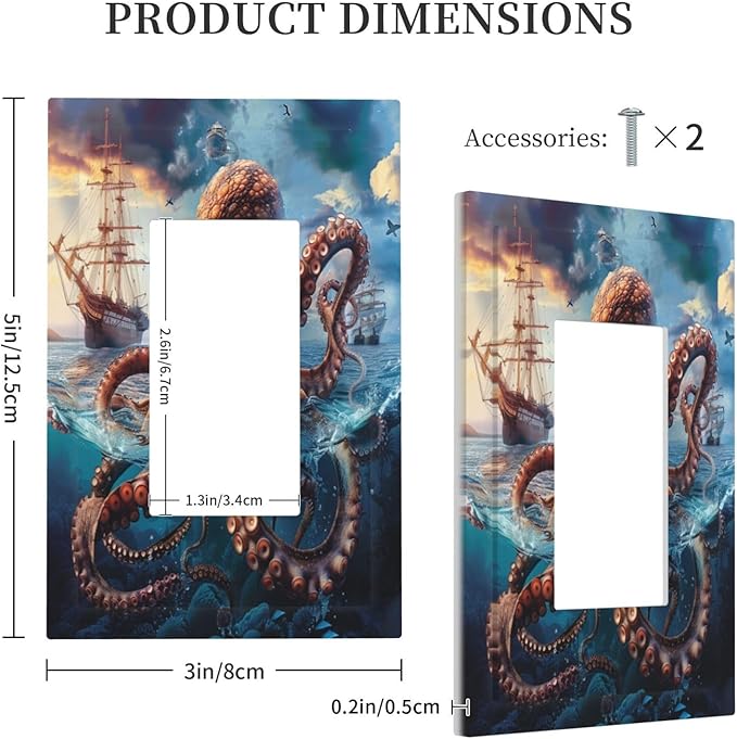 Light Switch Cover Plate Deep Ocean Octopus Sailboat Sea Monster 1 Gang Outlet Covers Single Rocker Decorative Switch plates Electrical Wall Plates GFCI Receptacle for Bathroom Bedroom Decor