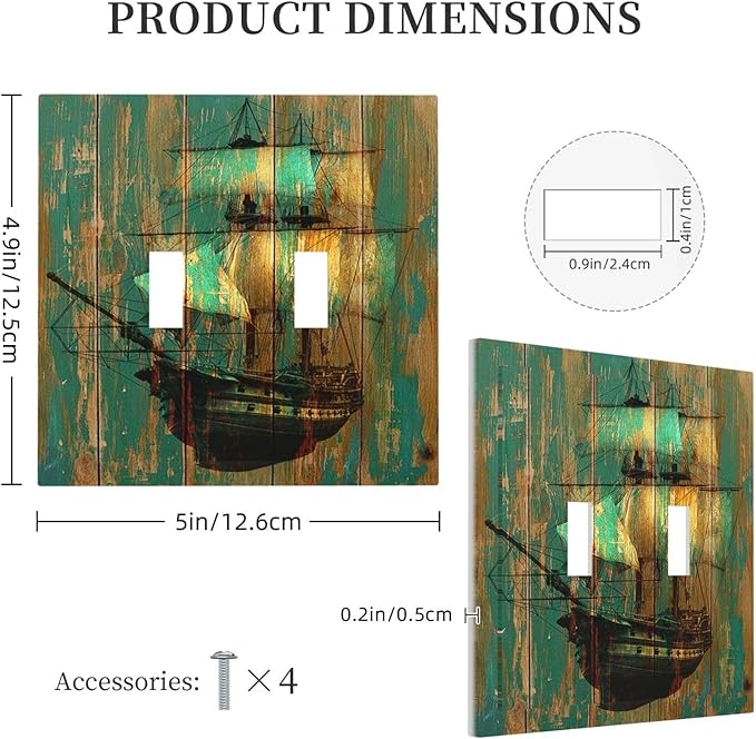 Decorative Switch Plates Rustic Green Wood Grain Sailboat 2 Gang Double Toggle Wall Plate Outlet Light Switch Cover Electrical Faceplate for Farmhouse Bedroom Decor