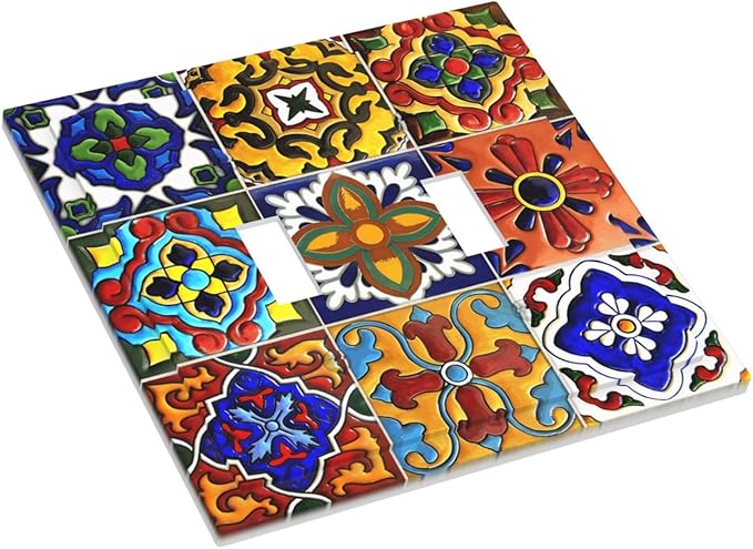 Vintage Colorful Boho Mexican Moroccan Tile Decorative Switch Plates 2 Gang Double Toggle Outlet Light Switch Cover Wall Plate Electrical Faceplate for Farmhouse Home Decor