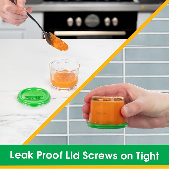 Glass Baby Food Containers (24 Pack) - 2oz Jar Container Includes Lids, Storage Tray, Dry-Erase Marker to Write On Lids - Microwave, Freezer, Dishwasher Safe - BPA & Phthalate Free Baby Food Storage