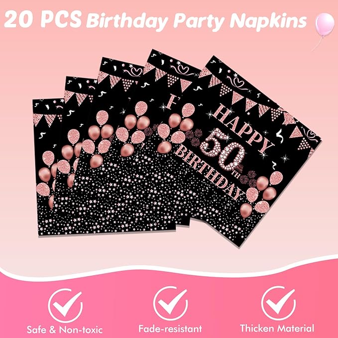 Ryzovo 62Pcs 50th Birthday, Vintage 50 Birthday Black and Rose Gold Disposable Paper Plates and Napkins Party Supplies for 20 Guests, Include 7'' Plates 9'' Plates Napkins and Tablecloth