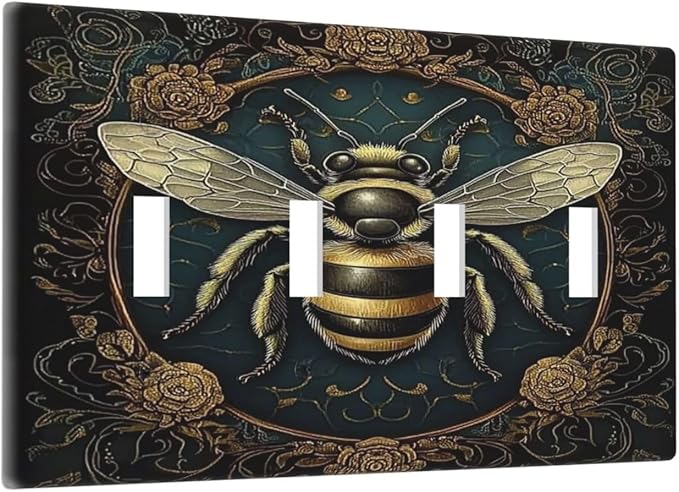 Light Switch Covers Mid Century Bee Dark Floral Quad Toggle Electrical Faceplate 4 Gang Wall Plate Decorative Switch Plates For Home Office Decor