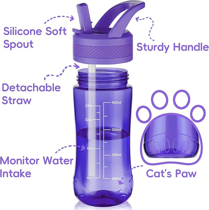 Kids Water Bottle, Dustproof Leakproof Cover, BPA Free Tritan Water Bottle Kids With Volume Markings Drinking 14oz Clear Water Bottle Unique Cat Paw Print Bottom Toddlers, School, Outdoor（Dark Purple）