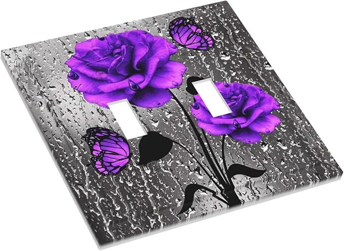 Decorative Purple Rose Butterfly Double Toggle Light Switch Cover, Romantic Lovely Beauty Girly Vibrant Flower 2-Gang Wall Plate Pretty Fashion Woman Electric Receptacle Outlet Switch Face Plate Cover