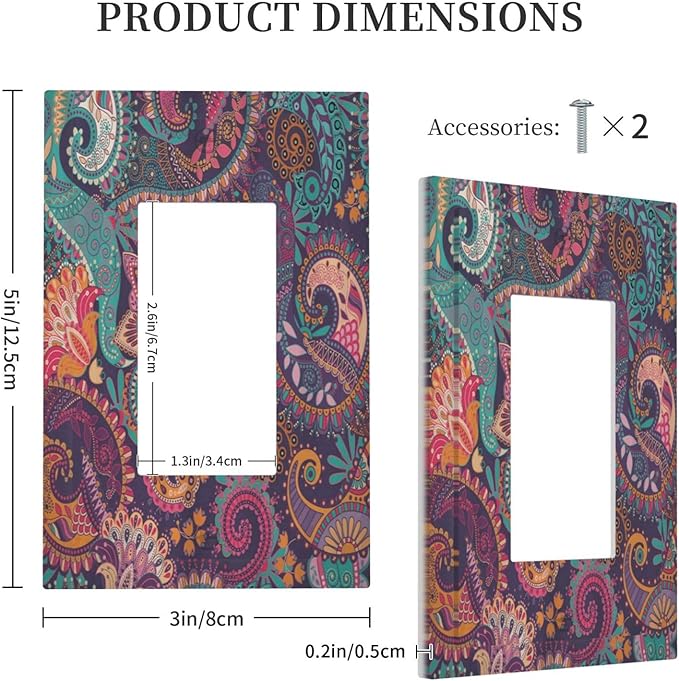 Mandala Boho Paisley Purple Floral Colorful Flower Decorative Outlet Covers 1 Gang Single Rocker Light Switch Cover Plate Wall Plates GFCI Faceplate for Home Bedroom Decor