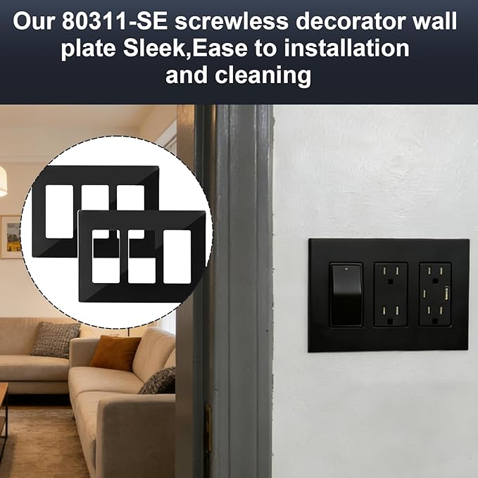 80311-SE 3-Gang Screwless Decorator Wall Plate,Screw Smooth Face Switch Plates for Leviton 80311-SE,3-Gang Screwless Wall Plate Receptacle Outlet Cover Black 2 Pack