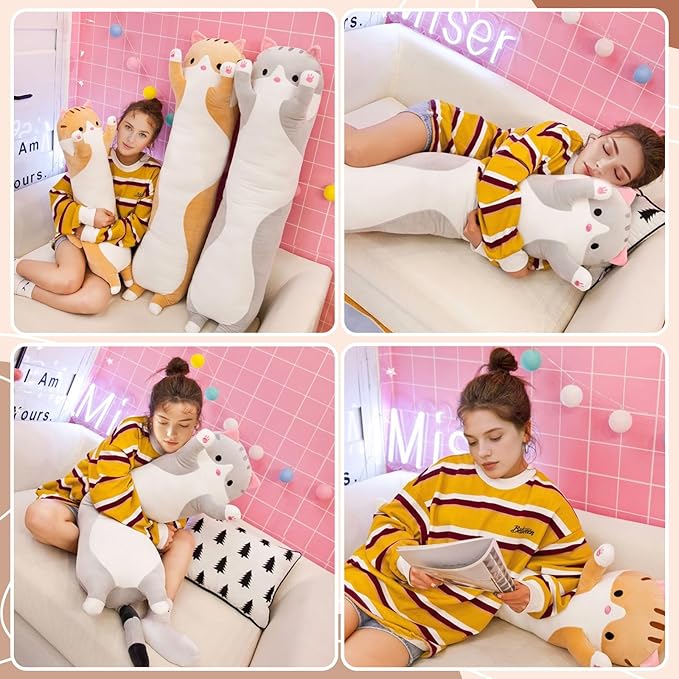 Cute Cat Plush Long Body Pillow – Soft Cartoon Stuffed Animal Doll, Kawaii Cat Plushie Cuddle Toy for Kids, Girls & Girlfriend (Pink, 51.1 Inch)