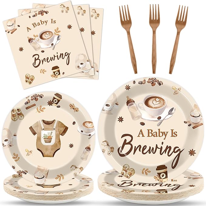 96 Pcs Coffee Baby Shower Party Plates Napkins Tableware Set A Baby Is Brewing Supplies In Bloom Disposable Dinnerware Coffee Themed Decoration Favors for Pregnancy Party, 24 Guests