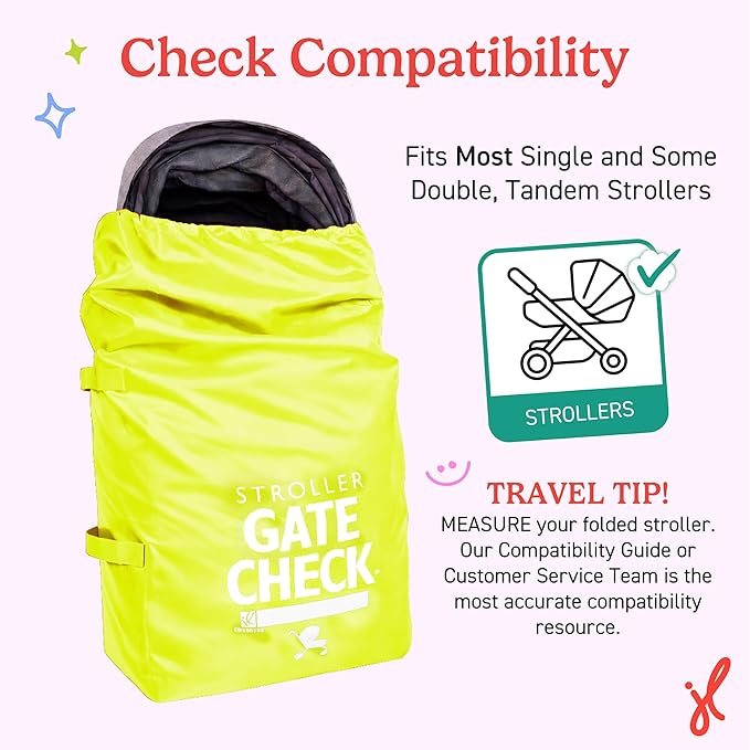 J.L. Childress Gate Check Bag for Single & Some Double Strollers - Travel Bag for Airplane, Fits Most Standard Baby Strollers, Airport Accessories Gate Check, Flying Essentials - Neon Yellow