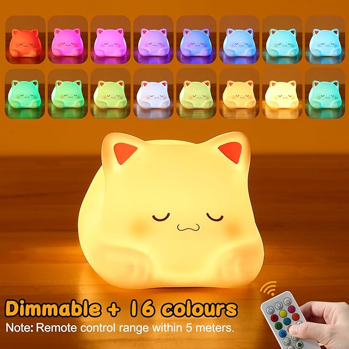 ZKLiLi Night Light for Kids Lamp, 16 Colors cat Lamp Cute, Dimmable Baby Night Lights for Nursery,Silicone Rechargeable Nightlight for Kids Room, Kawaii Room Decor (miyan-pamao-Remote)