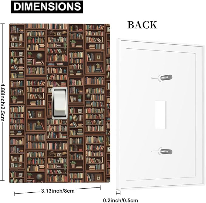 Vintage Library Bookshelf 1-Gang Toggle Light Switch Plate, Dark Academia Book Lover's Cozy Bookshelf Decorative Wall Plate for Study Room Decor