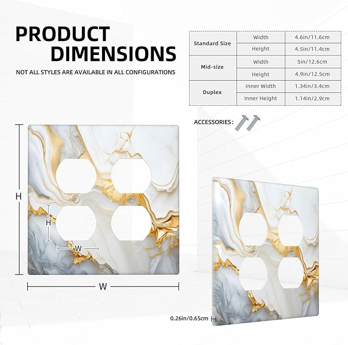 Exquisite White Gold Marble Abstract Luxurious Print Outlet Covers 2 Gang Double Duplex Decorative Light Switch Covers Electrical Wallplates Socket Faceplate for Bathroom Kitchen Decor