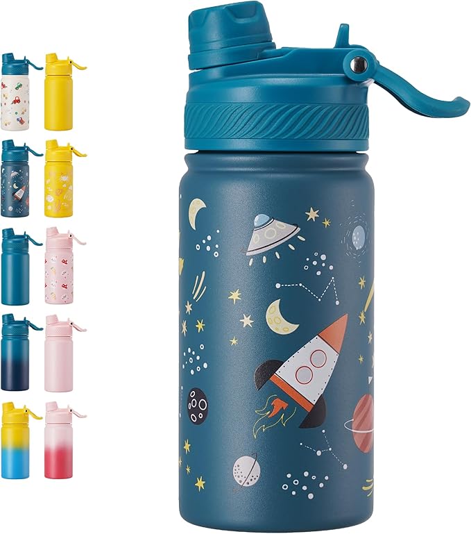 Fijinhom 12 oz Kids Water Bottle, 2-in-1 Stainless Steel Vacuum Insulated Water Bottle for Toddler, Leak Proof Spout & Straw, Double Wall Thermal Flask for Boys&Girls, School, Outdoor, Travel (Planet)
