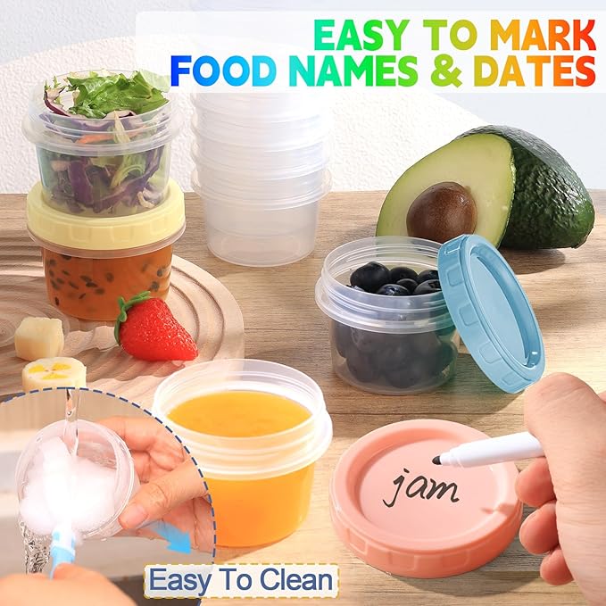 Yomarket 24pcs 4 oz Plastic Containers with Screw Lids, Reusable 1/2 Cup Small Food Storage Containers, Leakproof, Microwave Dishwasher Freezer Safe, with Pen and Brush
