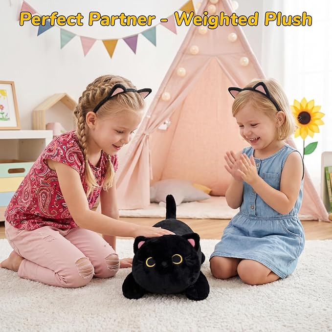 Weighted Cat Stuffed Animal,18 Inch Realistic Weighted Black Cat Plush,Soft Sensory Comfort Huggable Black Cat Weighted Plush Animals,Cut Plush Toy Gifts for Kids,Boys Girls