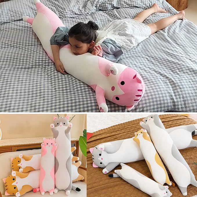 Giant Cat Pillow Plush Cartoon Kitty Sleeping Hugging Pillow, Cuddly Soft Long Kitten Body Pillow Doll Cat Cushion Toy for Kids Girlfriend (Yellow, 110cm/43.3inch)