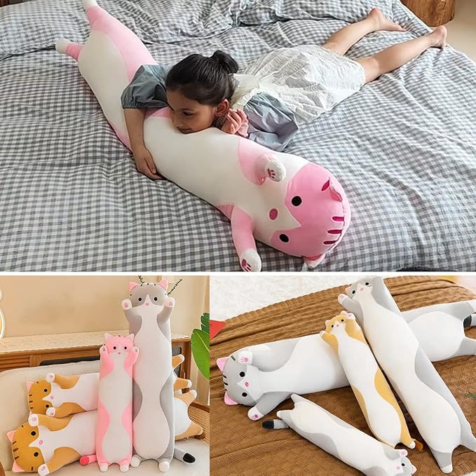 Giant Cat Pillow Plush Cartoon Kitty Sleeping Hugging Pillow, Cuddly Soft Long Kitten Body Pillow Doll Cat Cushion Toy for Kids Girlfriend (Yellow, 150cm/59inch)