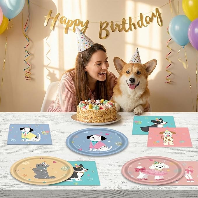 48Pcs Dog Birthday Party Supplies Set - Cute Puppy Themed Paper Plates & Napkins, Serves 24 Guests, Disposable Pet Party Tableware for Kids Birthday Baby Shower Table Decor