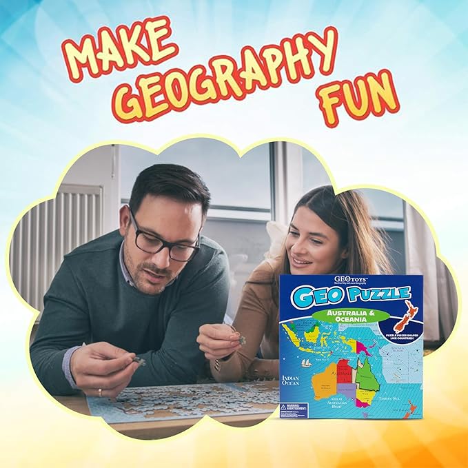 GeoToys GeoPuzzle, Australia & Oceania Jigsaw Puzzles, 50 Pc Geography Game & Map Puzzle, Educational Games & Kids Learning Activities, Puzzle Gifts for Children Ages 6-9, Fun Learning Toys for Kids