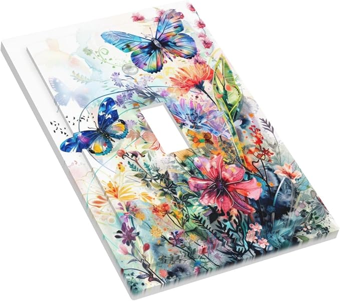 Light Switch Cover Plate Watercolor Colorful Floral Butterflies Wildflowers 1 Gang Single Toggle Decorative Switch Plates Wall Plates Electrical Faceplate for Bathroom Bedroom Decor