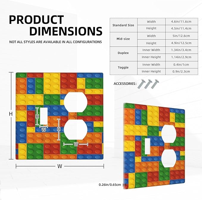 Outlet Covers Colorful Building Block 2 Gang Decorative Switch Plates 1 Toggle Duplex Combo Light Switch Cover GFCI Electrical Wall Plates for Kids Room Home Decor