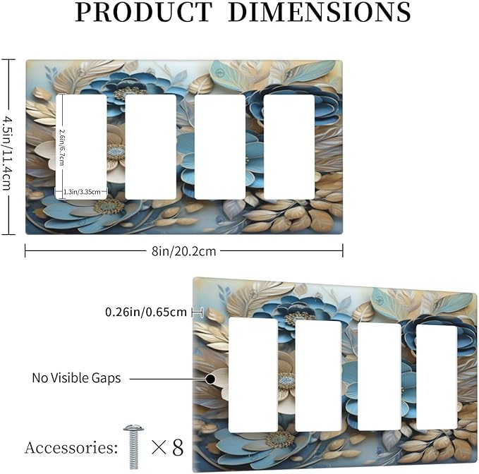 Decorative Art Light Switch Covers Blue and Creamy Floral 4 Gang Rocker Decora Outlet Covers Electrical Faceplate GFCI Wall Plate for Home Decor