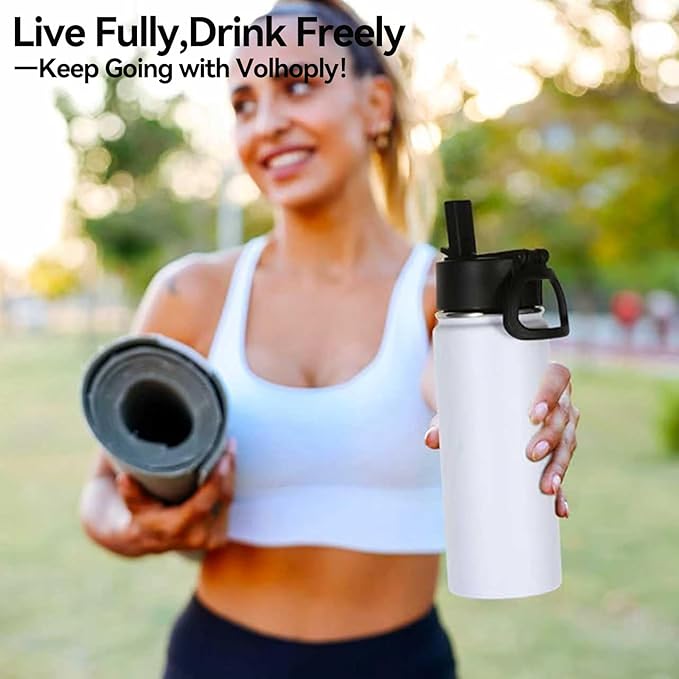 Volhoply Kids Insulated Water Bottle with Straw,16oz Stainless Steel Cold Water Bottles for School,BPA-Free Metal Wide Mouth Cups with Handle Lid,Reusable Double Wall Vacuum Sport Flask(White,1)