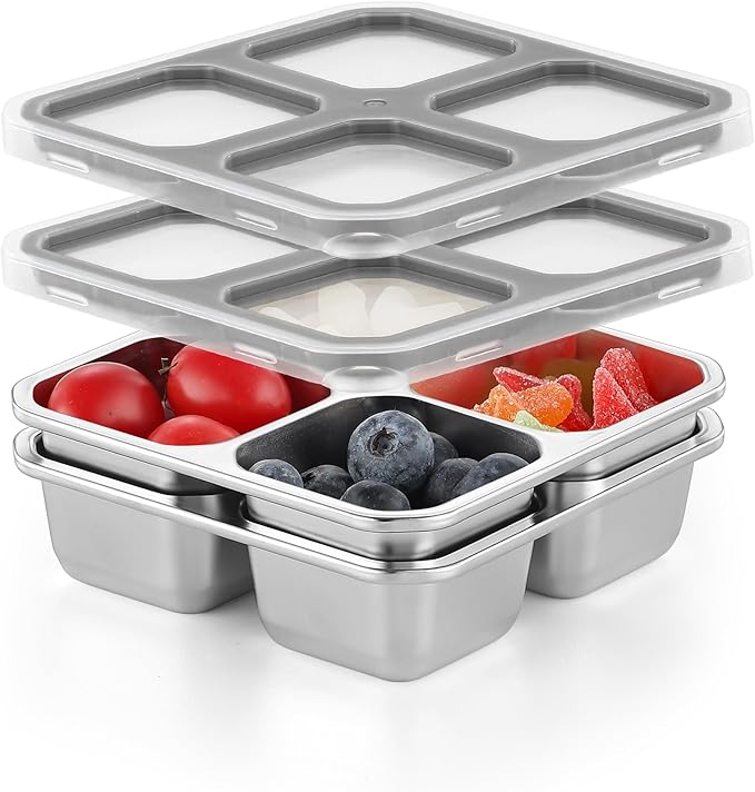 BEFOY 4 Pack Stainless Steel Snack Containers with Lids 4 Compartment Food Storage Containers for Adults & Kids Meal Prep Containers Reusablele (grey, 2)