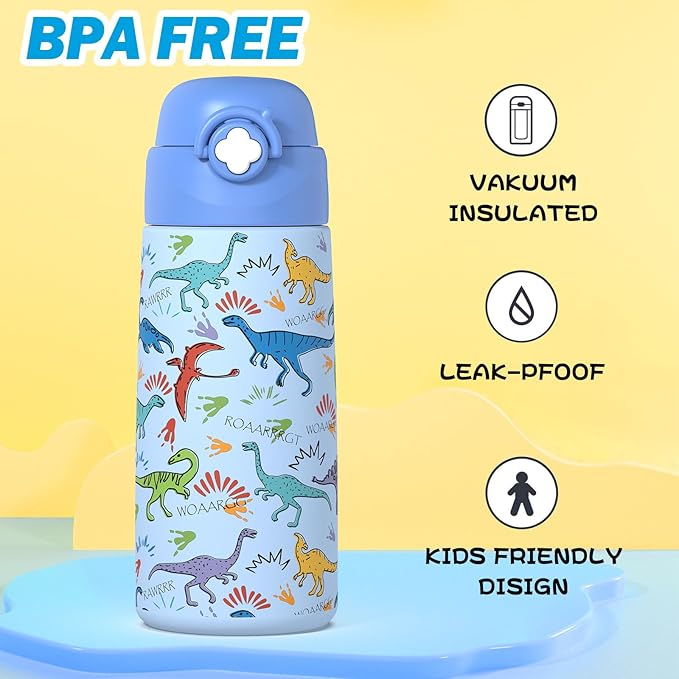 Boys Insulated Water Bottle with Covered Pop-Up Straw,16 oz Kids Cups with Stainless Steel Leak Proof for School（Blue-Dinosaur）