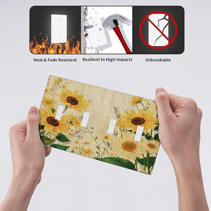 Decorative Switch Plate Cover with Vintage Botanical Sunflower Field Design 4 Gang Artistic Wall Plate Unique Quad Toggle Light Switch Covers for Nature Yellow Blooms Wall Decor