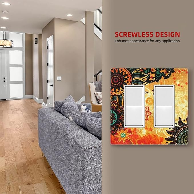 Decorative Boho 2 Gang Double GFCI Decorator Rocker Light Switch Cover Mandala Art, Red/Burnt Orange Vintage Floral Flower Sunflower Hippie Outlet Wall Plate Electrical Faceplate Cover Screwless